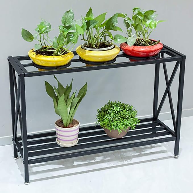 2-Tier Iron Pot Shelves, Plant Stand, Plant Shelf Holder, Flower Display Storage Rack for Outdoor, Indoor, Balcony 35.4’’ x 11.8’’ x 23.6’’
