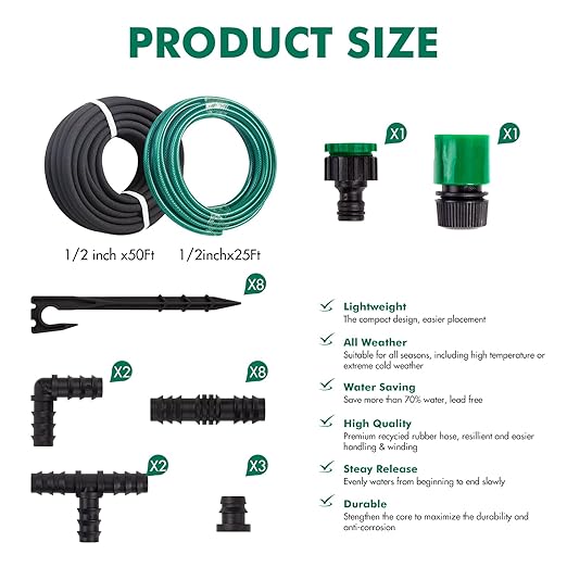1/2 Inch x 50ft Soaker Hose Kit with 25ft PVC Garden Hose, Drip Irrigation Watering System with Reinforced Fittings, for Outdoor Garden, Yard, Lawn, Raised Flower Bed & Plants