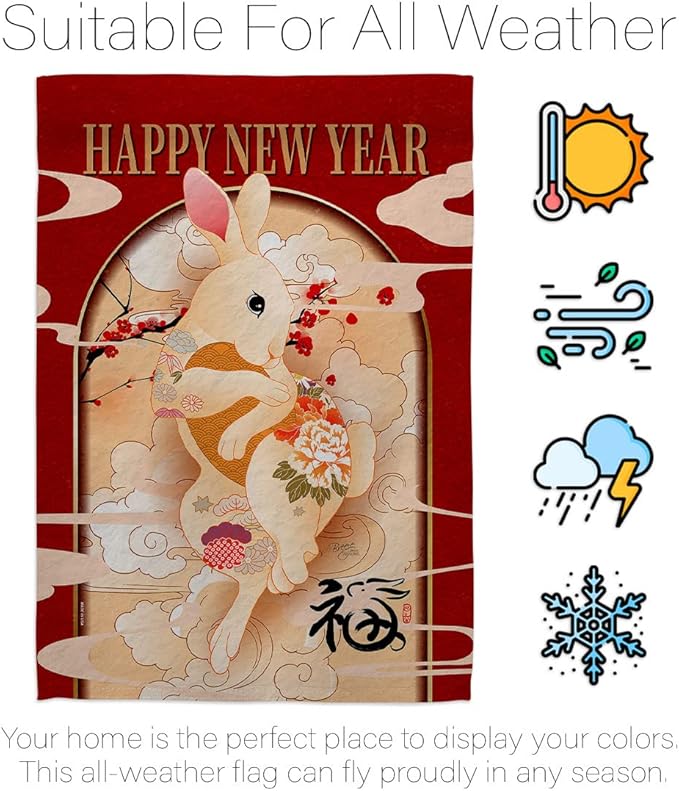 Lunar New Year of Rabbit Tapestry Home Decor Banner Wall Art Patio Porch Lawn Garden Flag Stand Pole Room Decorations Indoor Outdoor Spring Gifts Luck Arrive Chinese New Year Decorations Made in USA