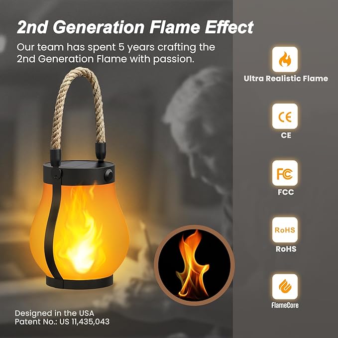Hompavo Gen2 Solar Lanterns Outdoor with Ultra-Real Flame, Dual Charging (USB/Solar) & 2 Mode - Waterproof Decorative Hanging/Table Lights for Yard Patio Garden Birthday Mothers Day Gifts for Women, 4