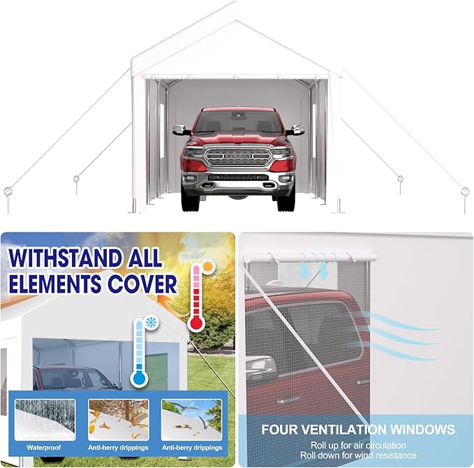 12x20FT Canopy, Outdoor Portable Garage with 2 Roll-Up Doors & 4 Ventilated Windows, Patio Camping Heavy Duty Car Port Canopy with PE Cover, Ground Pegs & Steel Cables, Easy Assembly, White