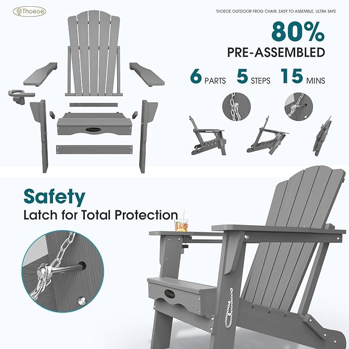 THOEOE Folding Adirondack Chair Set of 4, HDPE All-Weather Outdoor Chair with Cup Holder, Wooden Textured, Fire Pit Chair, Plastic Patio Chair for Deck, Backyard, Garden, Lawn, Grey