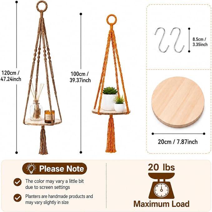 Artilady 2 Pack Macrame Hanging Planter with Wood Shelf, Boho Plant Hanger for Indoor Plants Basket Holder for Window Balcony Kitchen