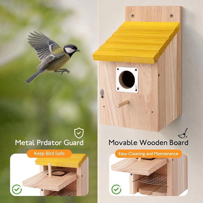 Marsui 4 Pcs Wood Bird Houses for Outside Blue Bird Houses Set with Pole Swallow Birds House with Metal Guards, Safety Locks, Flight Slots, & Ventilation for Bluebirds, Wrens, Finches