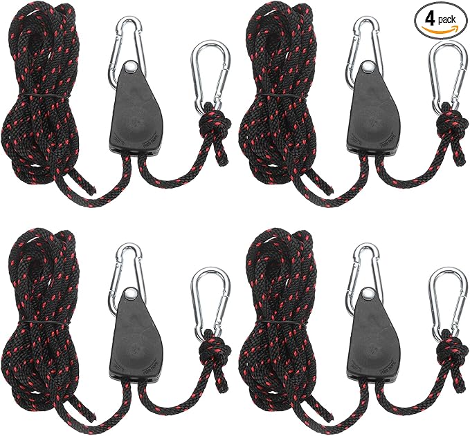 uxcell 4 Pairs 1/4" Adjustable Rope Hanger, 11.81ft(3.6 Meter) Heavy Duty Ratchet Tie Down Strap with Rope Clip Hanger for Hanging Plants, Grow Light and Various Tie-Down Uses, Black/Red