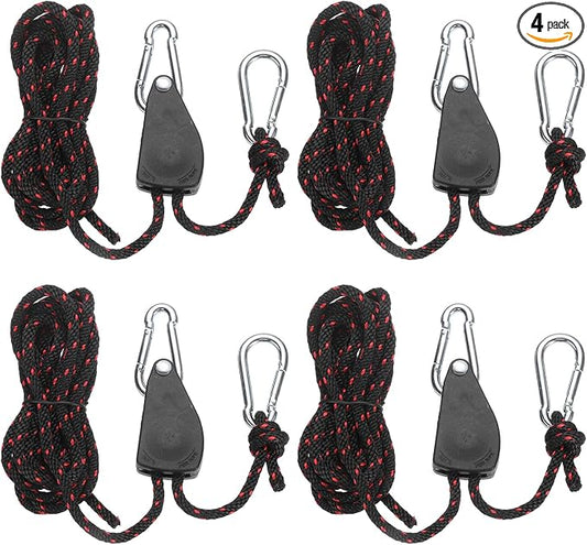 uxcell 4 Pairs 1/4" Adjustable Rope Hanger, 11.81ft(3.6 Meter) Heavy Duty Ratchet Tie Down Strap with Rope Clip Hanger for Hanging Plants, Grow Light and Various Tie-Down Uses, Black/Red