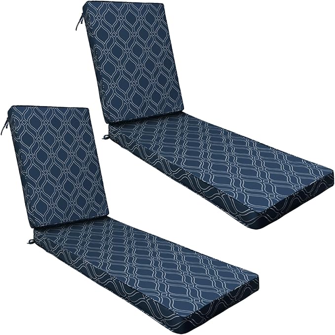 AAAAAcessories Outdoor Chaise Lounge Cushions, Fade-Resistant, Waterproof Patio Furniture Replacement Cushions, 80" x 26" x 3", Set of 2, Slate Blue Vine Trellis