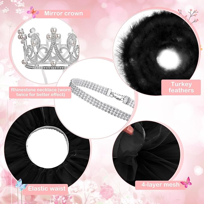 4 Pcs Princess Porch Goose Outfit for 23" 17" Cement Lawn Goose Costume Crown Necklace Tutu Skirt Feather Trim for Princess Outdoor Garden Lawn Art Decor (Black)