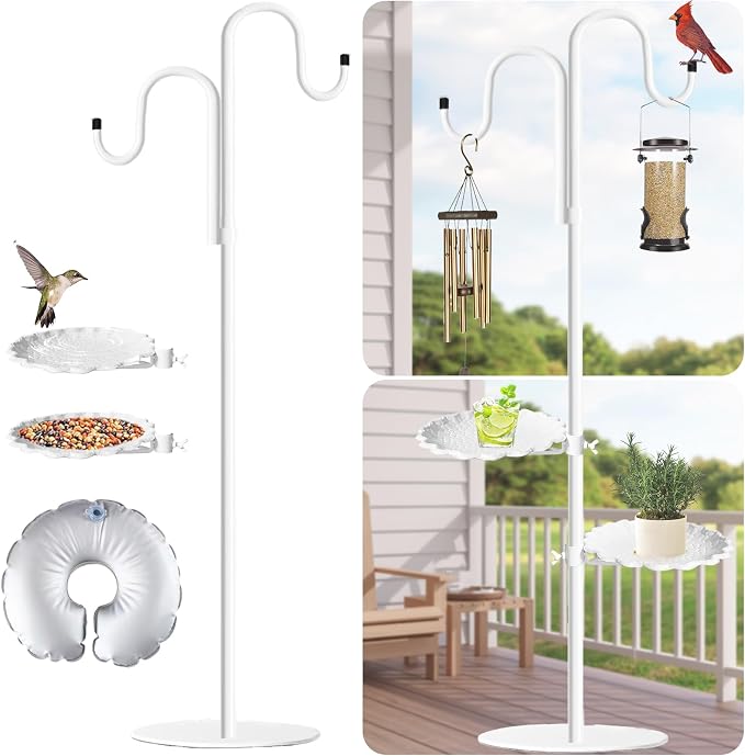 Upgraded 74" Shepherd's Hook Stand Plant，Bird Feeder，White Wind Chime Hanger Stand, Waterproof Metal & Adjustable-Height Standing Pole Holder for Wreath, Indoor & Outdoor（2 Placement Racks