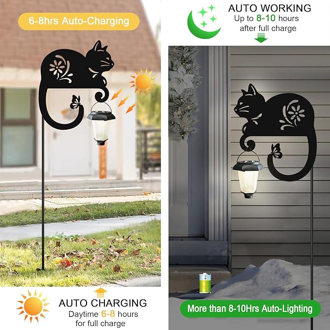 Cat Solar Lights Outdoor,Metal Black Cat Yard Decorations Outside for Garden Decor Stake,Solar Lights for Pathway,Women Gifts