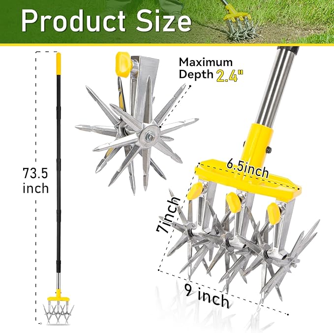 Rotary Cultivator Garden Tool with Extra-Large Tines, 74-Inch Long Handle Manual Tiller Cultivator, Heavy-Duty Rotary Hand Tiller for Soil Mixing, Reseeding Grass, Gardening, Lawn Care