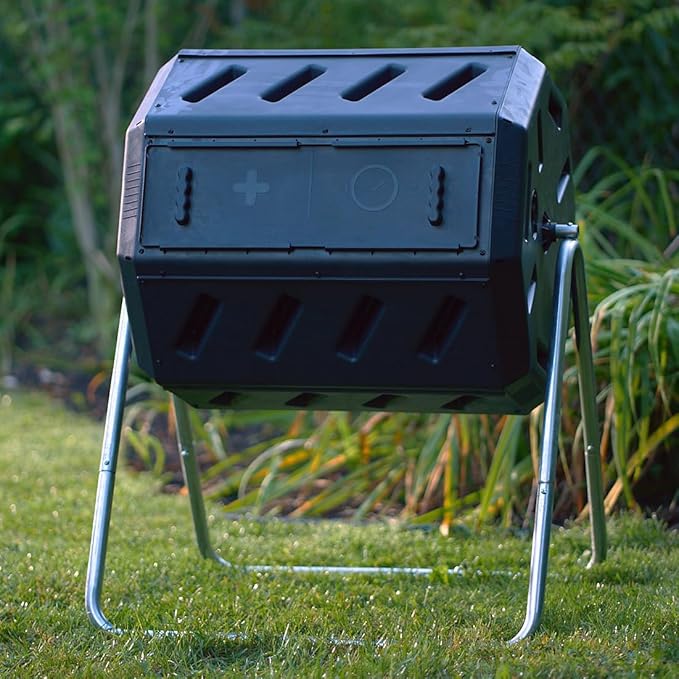 FCMP Outdoor IM4000 Dual Chamber Tumbling Composter Canadian-Made, 100% Recycled Resin - Outdoor Rotating Compost Tumbler Bin for Garden, Kitchen, and Yard Waste, Black (37 Gallon)