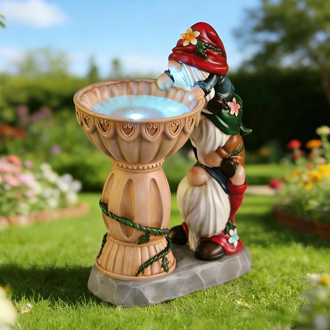 Sheaifun Garden Gnomes Outdoor Gnomes Garden Decorations for Yard Colorful Lights Resin Solar Outdoor Statues with Bird Bath Feeder Outside Lawn Patio Housewarming Gift for Women 6.25x4.25x9.25 Inch
