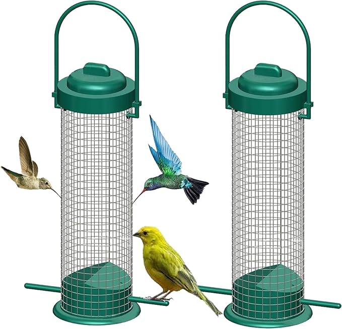 Metal Mesh Tube Bird Feeders for Outdoors Hanging, Squirrel Proof Wild Bird Feeders, Finch Bird Feeder for Thistle Seed, for Outside Cardinals Finches Blue Jays (2 Pack Green)