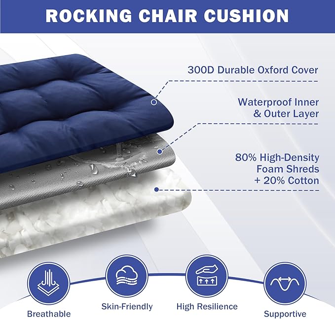 IPYNBAP Rocking Chair Cushion, Waterproof and Fade-Resistant Patio Chair Cushions, Tufted Chair Pads for Rocker Furniture, 18x18 Inch, Indoor/Outdoor Seat Cushions with Ties, Navy Blue