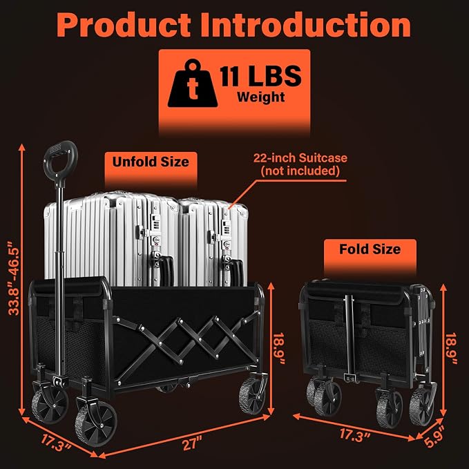 Wagons Cart Foldable with Wheels Collapsible: 360LBS Portable Heavy Duty Folding Grocery Wagon Cart for Shopping Camping - All Terrain Rolling Utility Wagon for Groceries Outdoor Sports