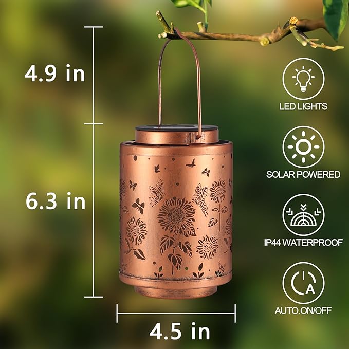 Tepaken 2 Pack Solar Outdoor Lanterns, Garden Decor LED Light Hanging Waterproof Solar Metal Lantern Birthday Gifts for Women Mon Grandma Sunflower Solar Lights Outdoor Decoration(Butterflies)