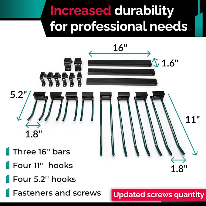 IDL Packaging Industrial Grade 48" Garage Tool Organizer with 8 Hooks, 720 lbs Total Holding Weight - for Repair Shops, Warehouses, Storages, Garages - Super Heavy-Duty Wall Mount Gear