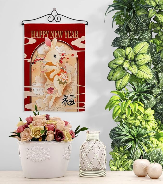 Lunar New Year of Rabbit Dorm Decor Banner Wall Art Flag Pole Patio Lawn Garden Room Decorations Indoor Outdoor Tapestry Yard Signs Spring Gifts Luck Arrive Chinese New Year Decorations Made in USA