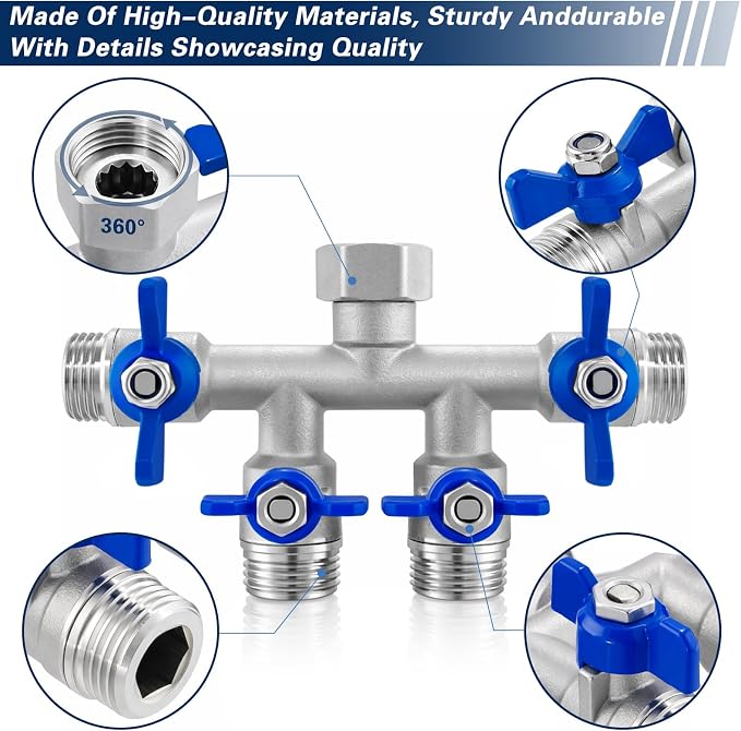 4 Way Garden Hose Splitter, 304 Stainless Steel Hose Splitter with 4 Shut-Off Valves, Heavy Duty Outdoor Faucet Adapter, 3/4" GHT Full Flow Hose Connector for Garden Irrigation