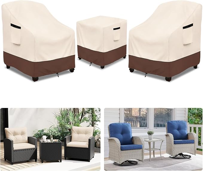 Rileytee Outdoor Furniture Covers Waterproof,600D Heavy Duty Patio Furniture Covers 3 Piece Set,Patio Set Cover for 2 Chairs and Side Coffee Table(Beige,Large)