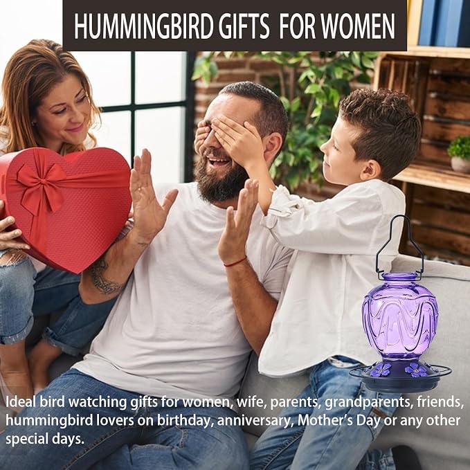 2 Pack Glass Hummingbird Feeder for Outdoors Hanging, 24Ozs Humming Bird Nectar Feeder w/Perch, 5 Flower Feeding Ports, Leak Proof Base and Hook for Outside Garden Backyard Decor, Purple