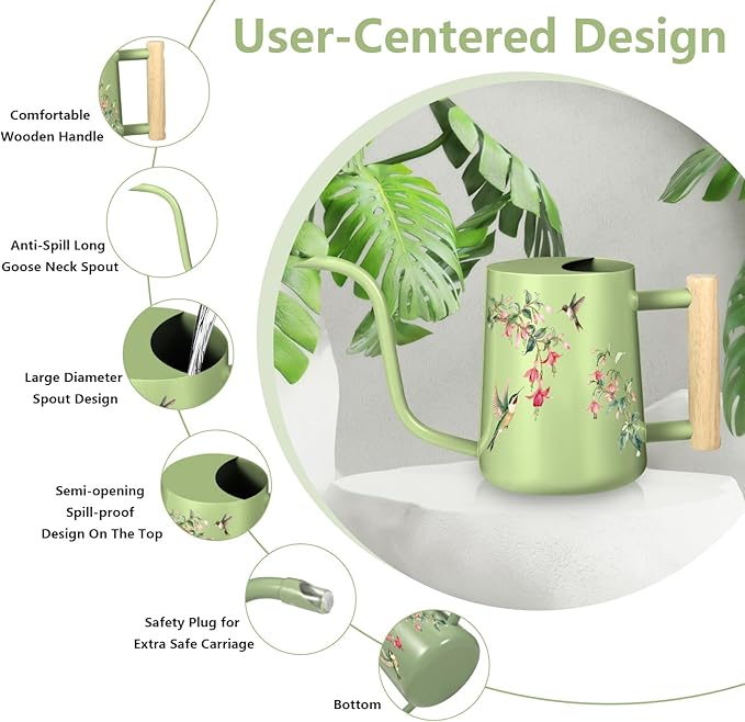 Watering Can Indoor Plants, 35oz Small Stainless Steel Metal Watering Can Modern Decorative Watering Pot with Long Spout for Indoor House Plant Bonsai Garden Flowers (Saga Green 2)
