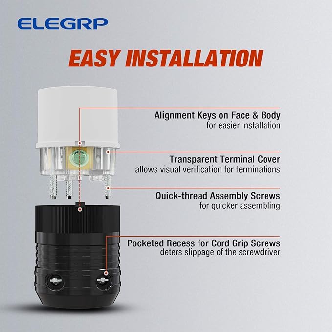 ELEGRP NEMA L6-20R Locking Connector, Generator Twist Lock Adapter Connector, 20 Amp 250V 2 Pole 3 Wire Grounding, Industrial Grade Heavy Duty, UL Listed (1 Pack, Black/White)