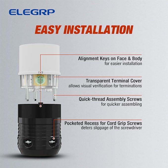 ELEGRP NEMA L6-20P and NEMA L6-20R Locking Plug and Connector, Generator Twist Lock Plug Socket, 20 Amp 250V 2 Pole 3 Wire Grounding, Industrial Grade Heavy Duty, UL Listed (1 Set, Black/White)