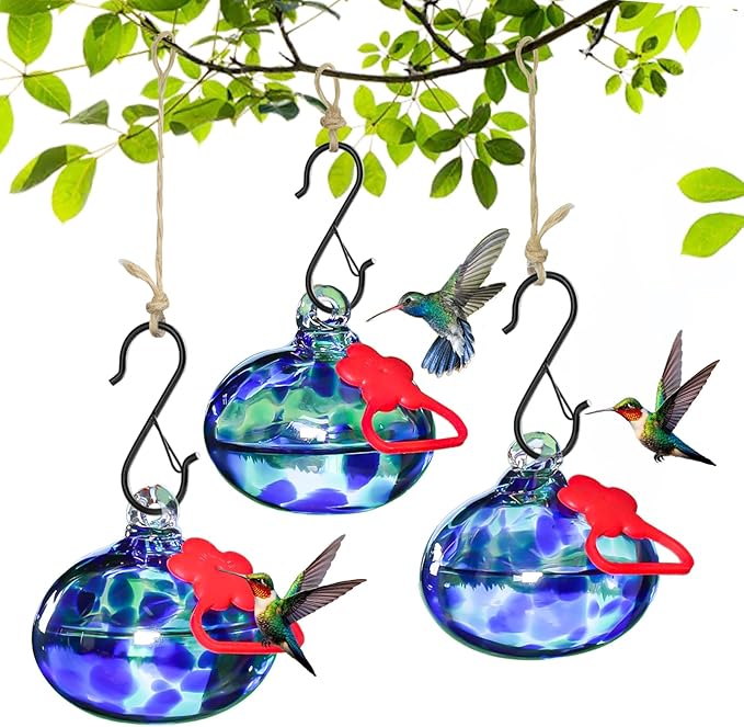 Set of 3 Hummingbird Feeders for Outdoors Hanging,Hand-Blown Glass Hummingbird Feeder with Silicone Feeding Perch,Never Leak,Gardening Gifts for Woman Man