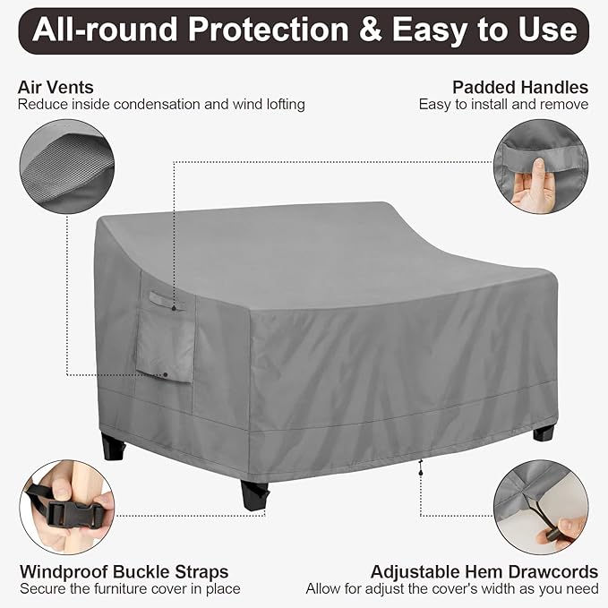 PureFit Outdoor Couch Cover Waterproof Patio Sofa Furniture Covers, 2-Seater Outdoor Loveseat Cover with Air Vent and Handles, 60W x 35D x 35H Inches, Gray