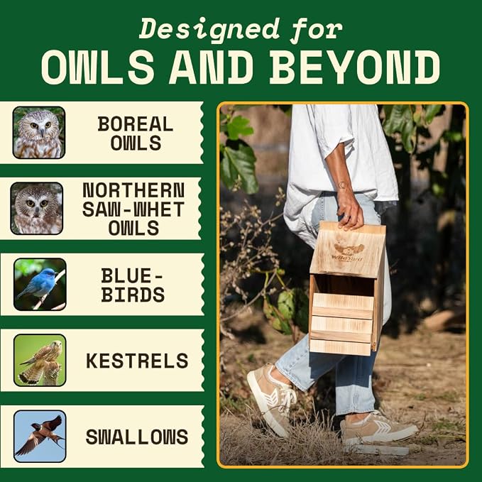 WildYard Cedar Barn Owl Nesting Box - Cedar Wood, Traditional - Preassembled & Easy-Hang Owl Box - Easy-Clean Front Access - Attracts Birds to Birdhouses Outdoors & Provides Outdoor Shelter