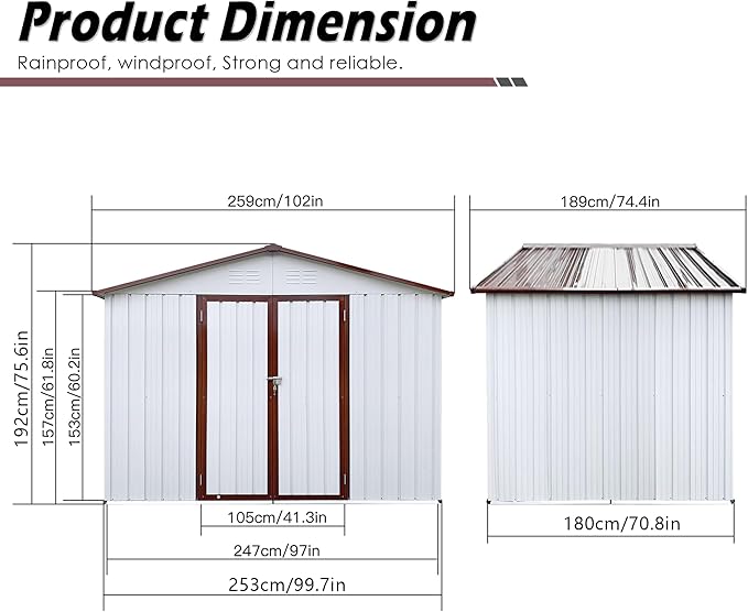 6x8 FT Metal Tool Shed, Galvanized Steel Large Outdoor Storage Shed, Storage Shed Equipped with Vents, Tool Shed with Door and Padlock, Ideal for Backyards, Patio Lawns and Outdoor, Brown White