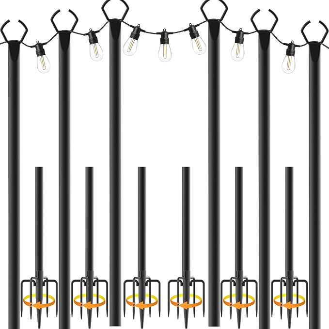 Mutovlin 6 Pack String Light Poles,10 Ft Light Poles for Outside String Lights,Outdoor Lights Pole with Fork,Metal Poles Stand for Patio Deck Backyard (10FT 6 Pack)