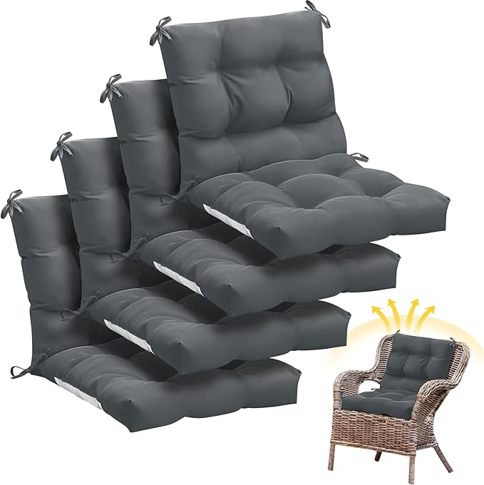 Marsui 4 Pcs Outdoor Indoor High Back Chair Cushions Patio Furniture Tufted Pillow with Ties Water-Resistant Replacement Outdoor Rocking Chair Cushions, 42 x 21 Inches (Dark Gray,Solid Color)