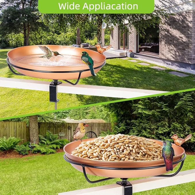 DREAMSOUL Deck Mounted Bird Bath, Metal Bird Bath with Sturdy Steel Clamp, 12" Birdbath for Railing Balcony Garden Decoration