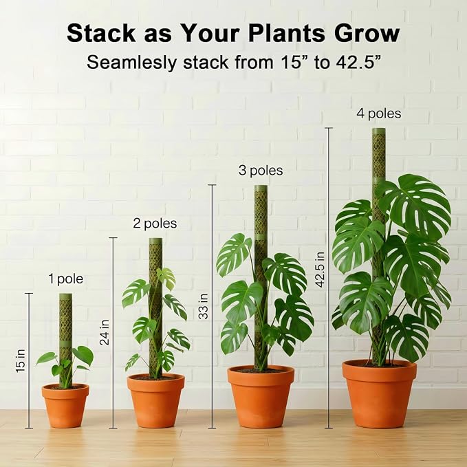 Moss Pole Monstera Plant Support - 42.5" Stackable D-Shape Stakes for Indoor Plants - No-Rot Plastic Sticks & Tall Trellis for Pothos Climbing Vines Houseplant