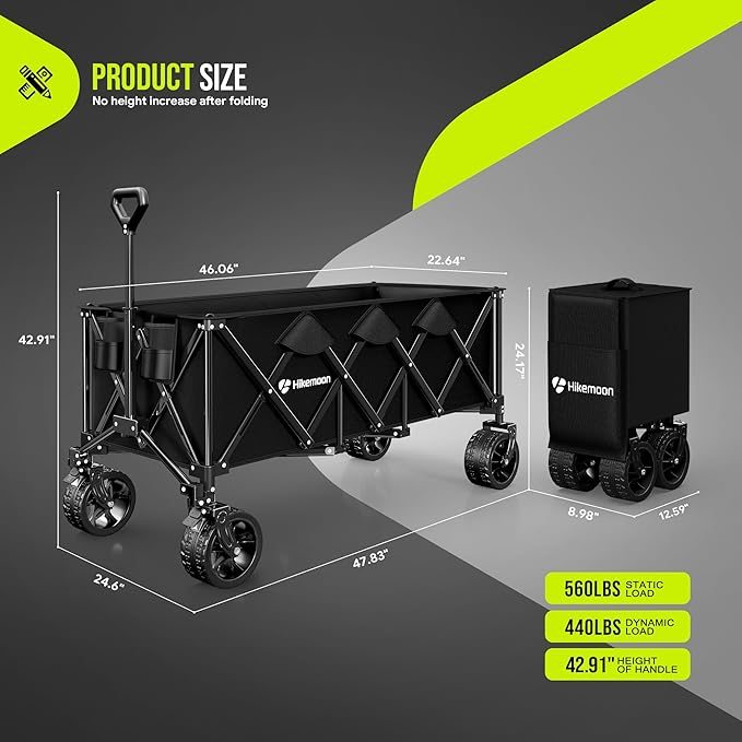 Hikemoon 300L Extra Large Wagons Carts Foldable, 560LBS Heavy Duty Collapsible Beach Wagon 48" Long with Big All-Terrain Wheels, Utility Folding Cart for Camping, Grocery, Sports, Garden, Black