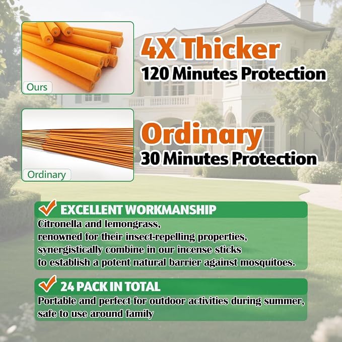 Extra Large Mosquito Repellent Sticks 24 Pack, Natural Citronella Oil Outdoor Patio Indoor Use Long-Lasting 2-Hour Burn Time, Insect & Pest Repellers