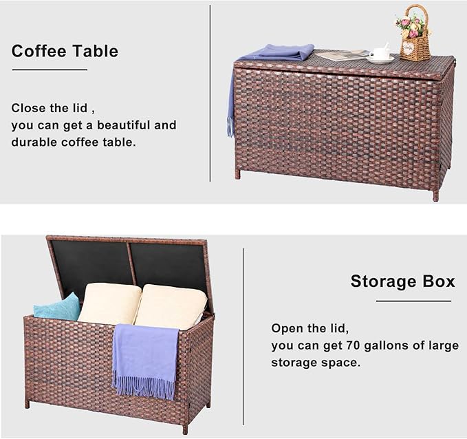 DIMAR GARDEN Outdoor Storage Deck Boxes with Waterproof Cover 70 Gallon,Patio Wicker Storage Box,Brown
