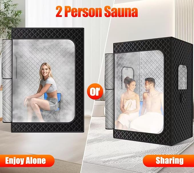 X-Vcak 2 Person Sauna, Extra Large Sauna, Portable Steam Sauna Tent with 2 Steamers, 2 Folding Chair, 71”x 49”x 36”, Black