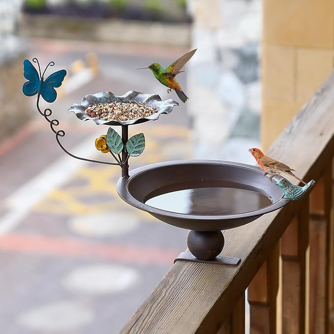 Bird Bath and Feeder for Deck Railing, 2 in 1 Deck Mounted Balcony Birdbath with Vivid Butterfly Decor, Metal Bird Bath for Outdoors Porch Patio Garden