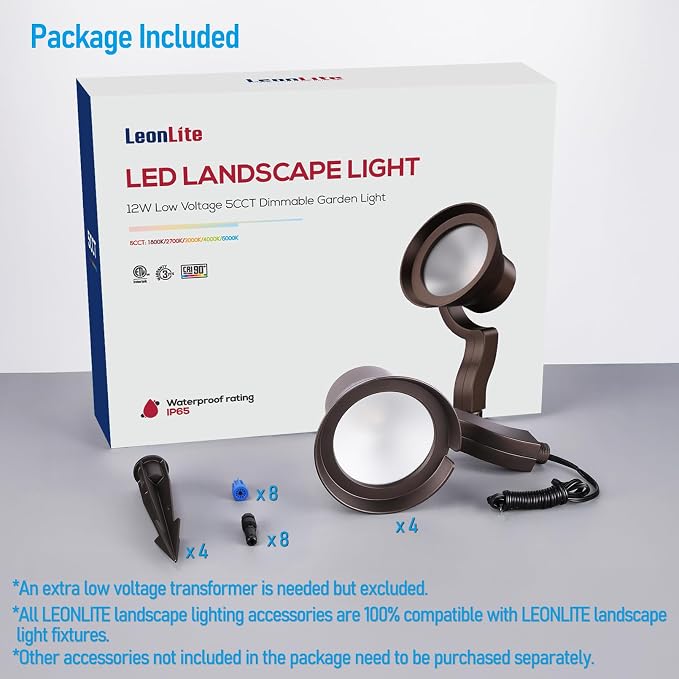 LEONLITE 12W/7.3W/3.7W Dimmable 5CCT LED Low Voltage Landscape Lights, Wall Wash Landscape Lighting Outdoor, 12V Landscape Spotlight, ETL, Aluminum, IP65 Waterproof, Pack of 4