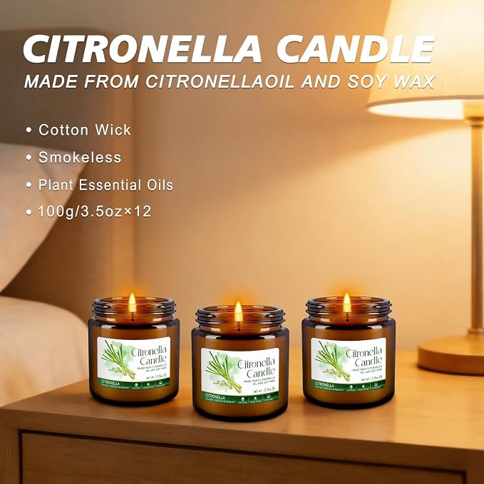 Citronella Candles Glass Outdoor&Indoor，12pack Scented Candle Natural Soy Wax for Home Decor,Gifts,Garden Camping Patio Picnic,3.5oz Long Lasting