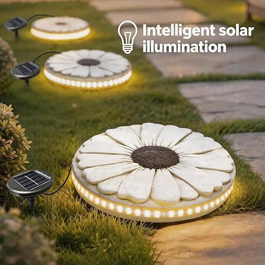 Solar Stepping Stones that Light Up at Night, 2 Pack 10" Cement Daisy Flower Garden Path Stone, Non-Slip Weather-Resistant Outdoor Yard Walkway Decor (White)