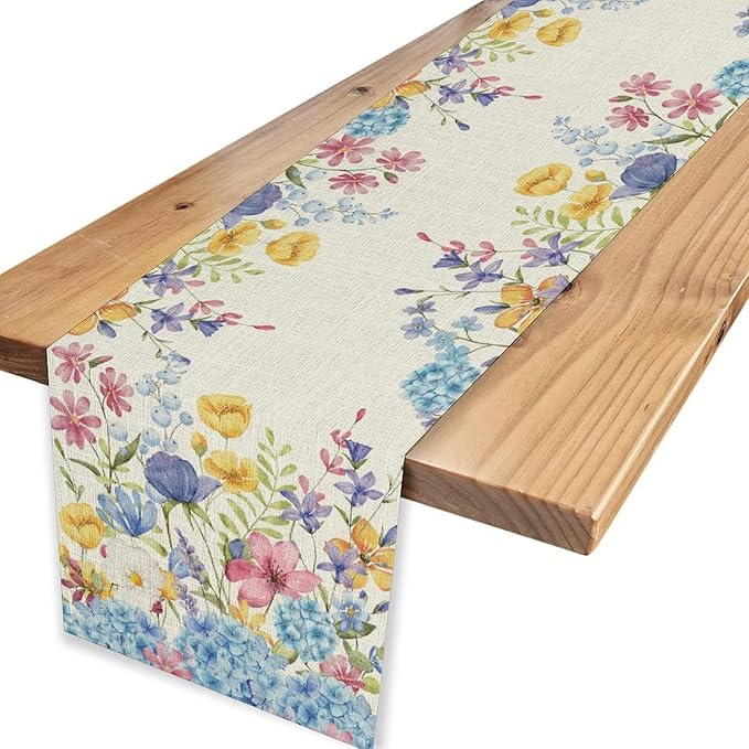 Spring Floral Table Runner, Seasonal Blue Hydrangea Flower Boho Watercolor Summer Farmhouse Country Rustic Table Center Decor for Family Kitchen and Dining Party Table Decorations, 13"x90"