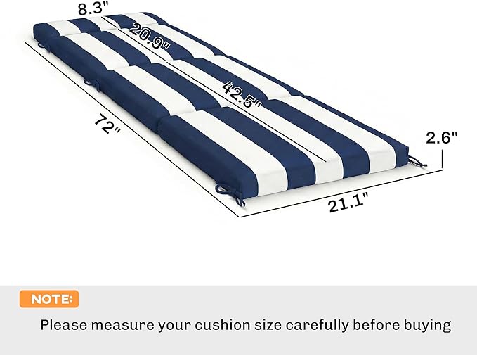 Outsunny Outdoor Chaise Lounge Cushions Set of 2, Chaise Lounge Cushions with 6 Ties, High-Density Foam, 72 x 21.1 x 2.6 Inch Water-Repellent and UV-Resistant for Patio, Poolside, Dark Blue and White