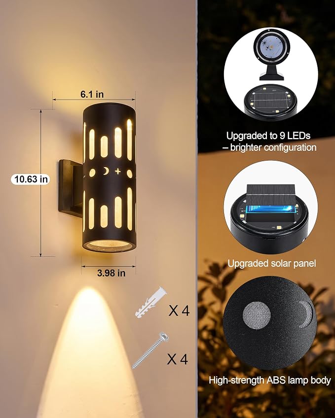 Solar wall Lights Outdoor, 2-Pack Dusk-to-Dawn Solar sconces, IP65 Waterproof up and Down Lights Outdoor for Garage, Fence, Patio, Porch, Yard