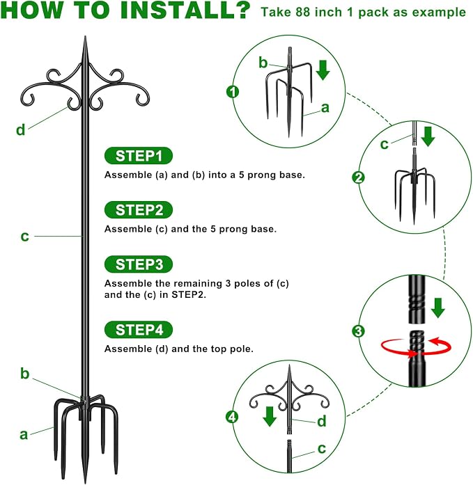 Heavy Duty Double Shepherd Hooks for Outdoor with 5-Prong Base, 88inch Adjustable Decorative Metal Bird Feeder Pole for Hanging Bird Nests, Plant Baskets, Solar Lights, Lanterns, 1 Pack