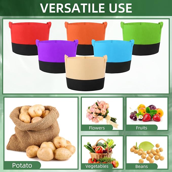 12 Pack 10 Gallon Grow Bags Colorful Fabric Plant Pots with Handles 10 Gal Garden Grow Bags Fabric Grow Pots Plant Growing Bags Vegetable Planting Bags for Garden and Outdoor (10 Gallon)